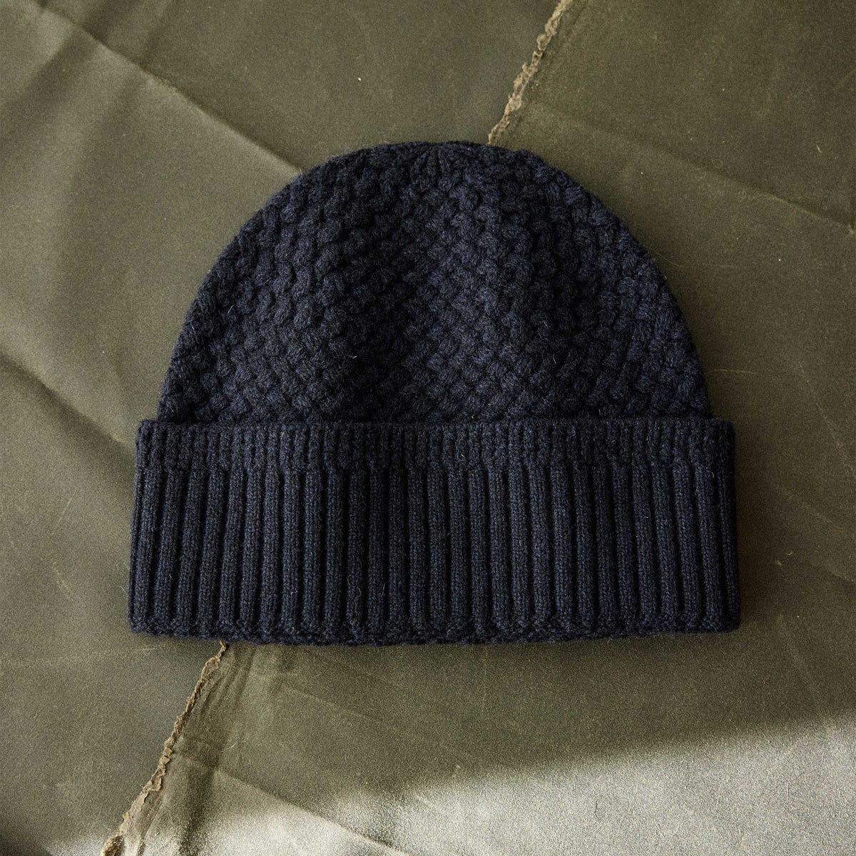 The Textured Knit Beanie in Heather Navy Merino