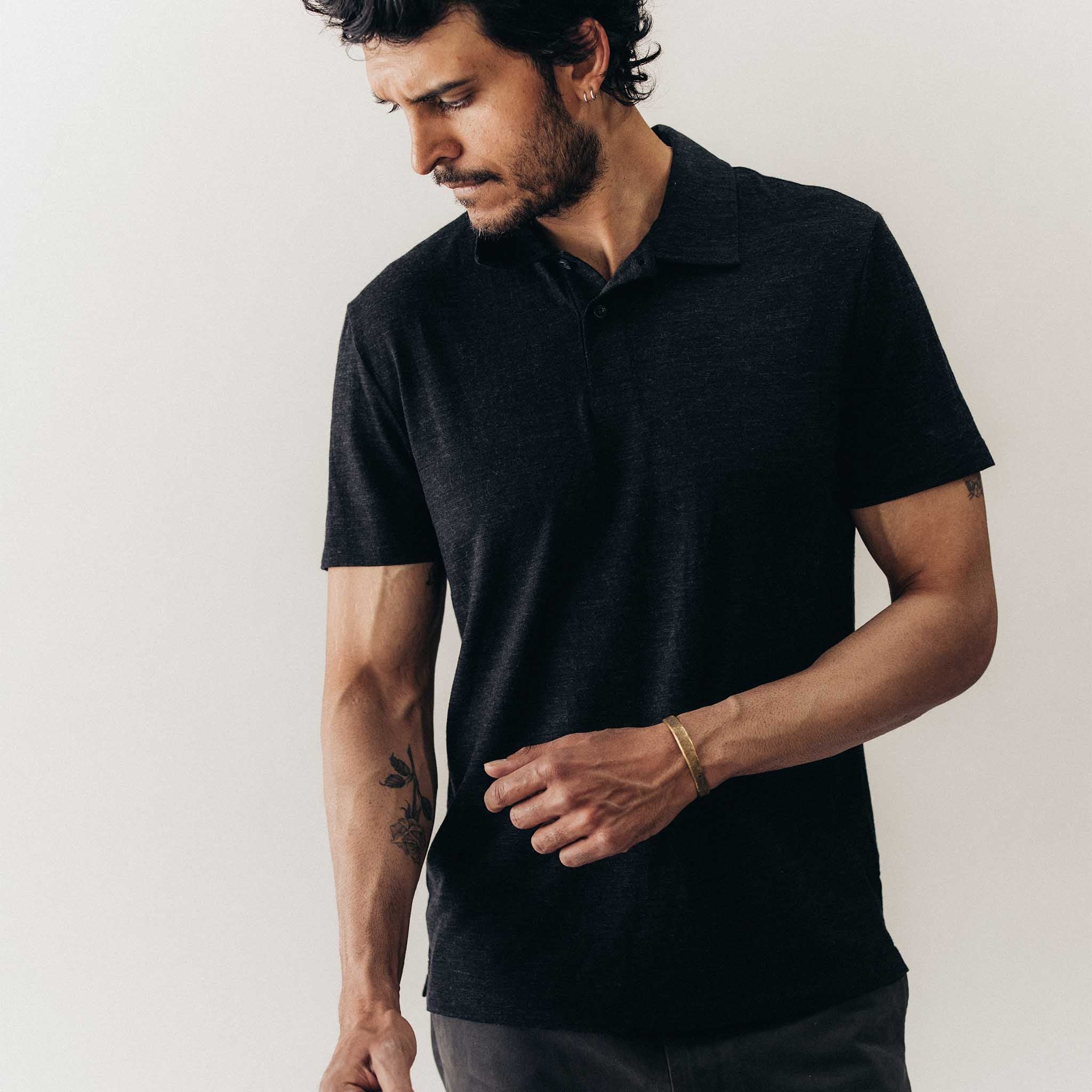 The Merino Polo in Heather Black